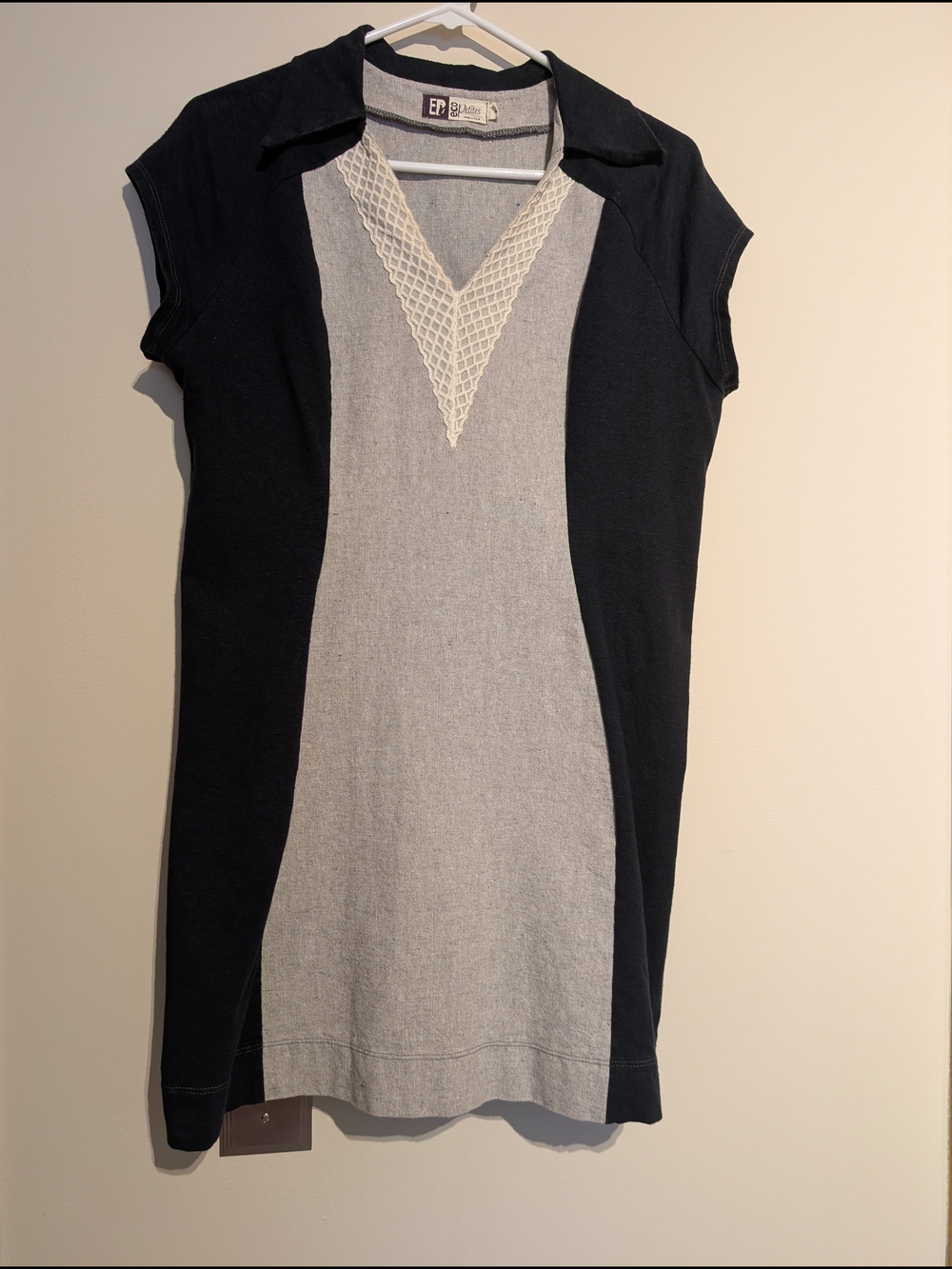 EP Black and Gray Knit Mini Dress with Lace V-Neck, Made In The Usa.